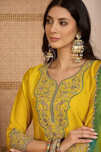 Embroidered round neck  kurta trousers & dupatta