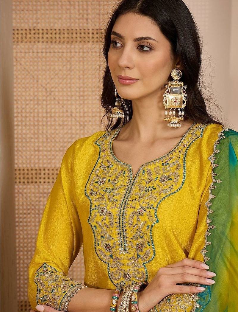 Embroidered round neck  kurta trousers & dupatta