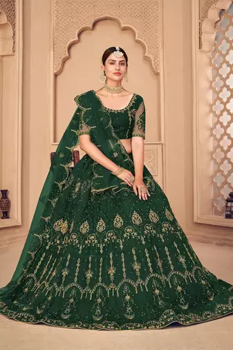 Embroidered Thread Work Semi-Stitched Lehenga With Unstitched Blouse & Dupatta