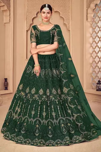 Embroidered Thread Work Semi-Stitched Lehenga With Unstitched Blouse & Dupatta