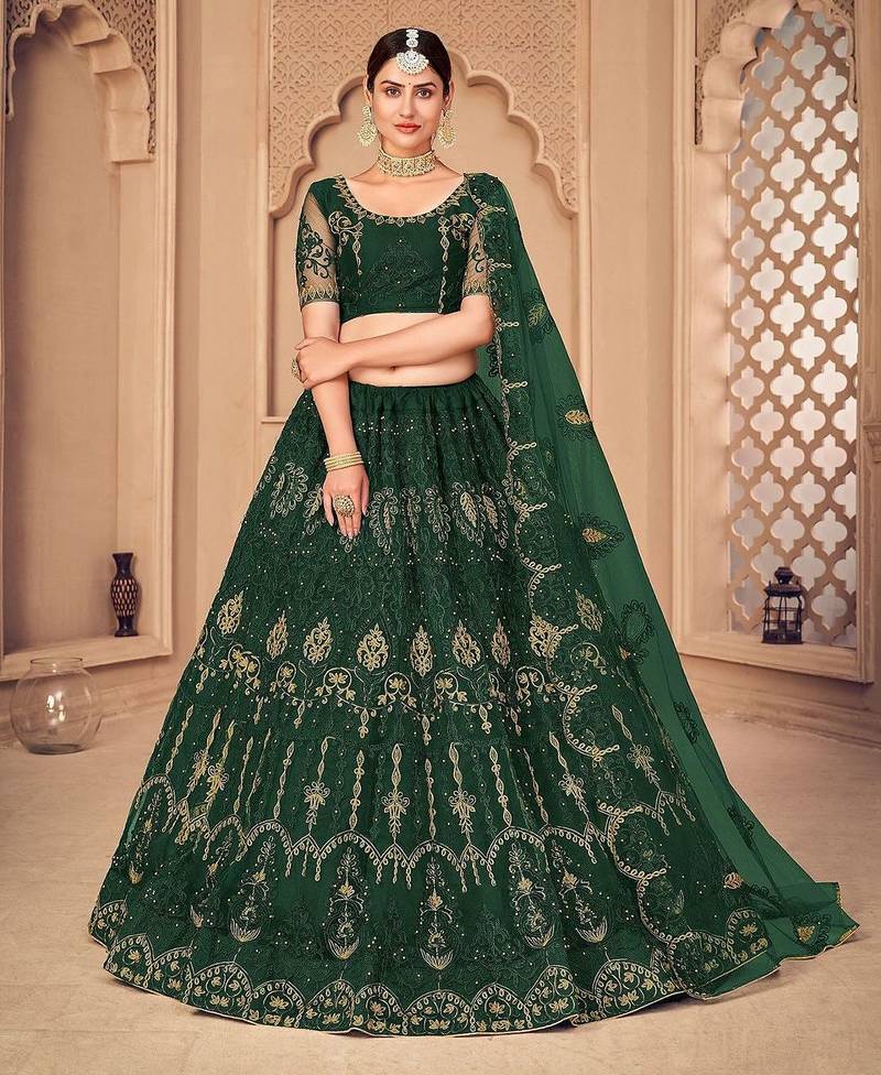 Embroidered Thread Work Semi-Stitched Lehenga With Unstitched Blouse & Dupatta