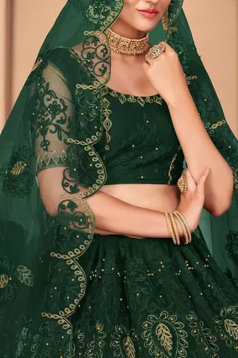 Embroidered Thread Work Semi-Stitched Lehenga With Unstitched Blouse & Dupatta
