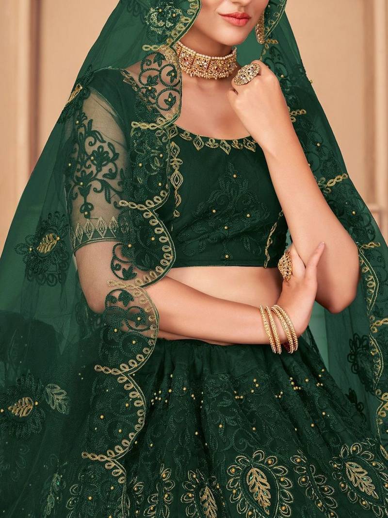 Embroidered Thread Work Semi-Stitched Lehenga With Unstitched Blouse & Dupatta
