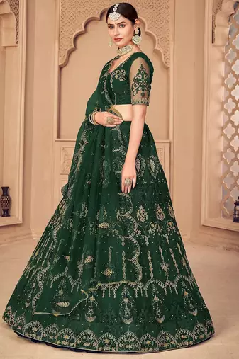 Embroidered Thread Work Semi-Stitched Lehenga With Unstitched Blouse & Dupatta