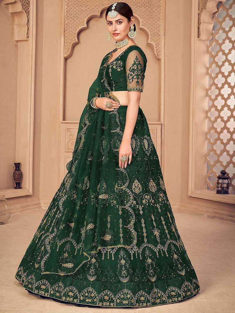 Embroidered Thread Work Semi-Stitched Lehenga With Unstitched Blouse & Dupatta