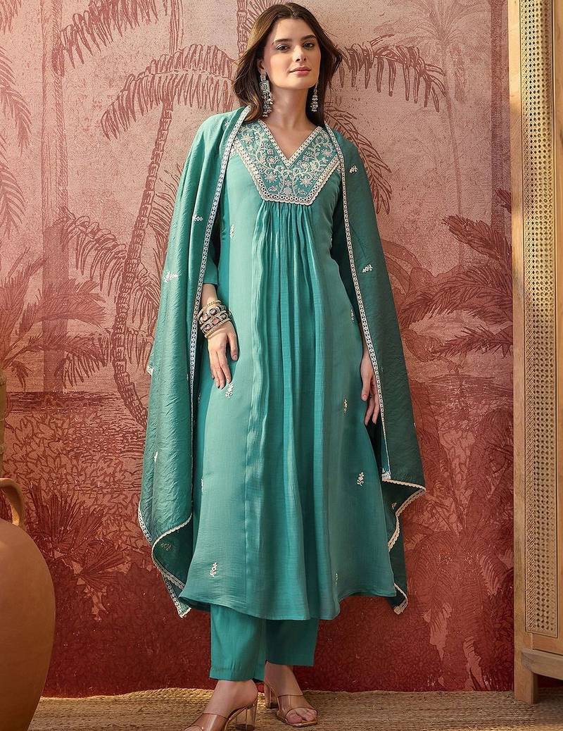 Embroidered  v-neck kurta & trousers kurta sets