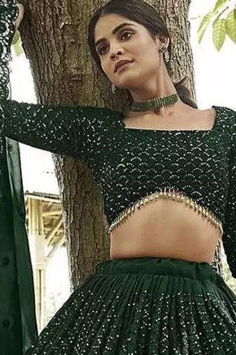 Embroidered Sequinned Semi-Stitched Lehenga & Unstitched Blouse With Dupatta