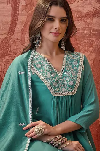 Embroidered  v-neck kurta & trousers kurta sets