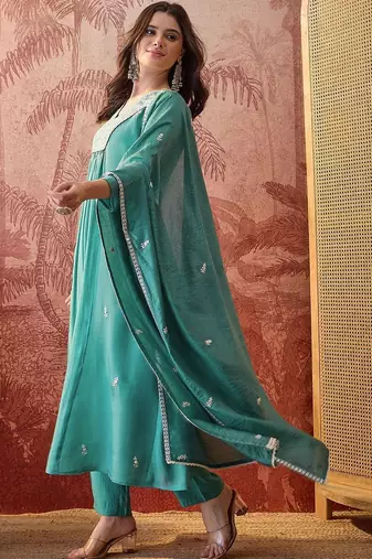 Embroidered  v-neck kurta & trousers kurta sets