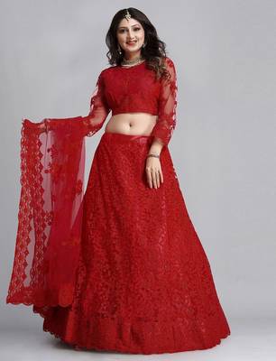 Embroidered Thread Work Semi-Stitched Lehenga & Unstitched Blouse With Dupatta 1