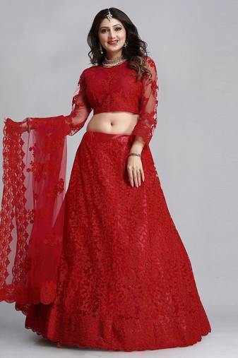 Embroidered Thread Work Semi-Stitched Lehenga & Unstitched Blouse With Dupatta