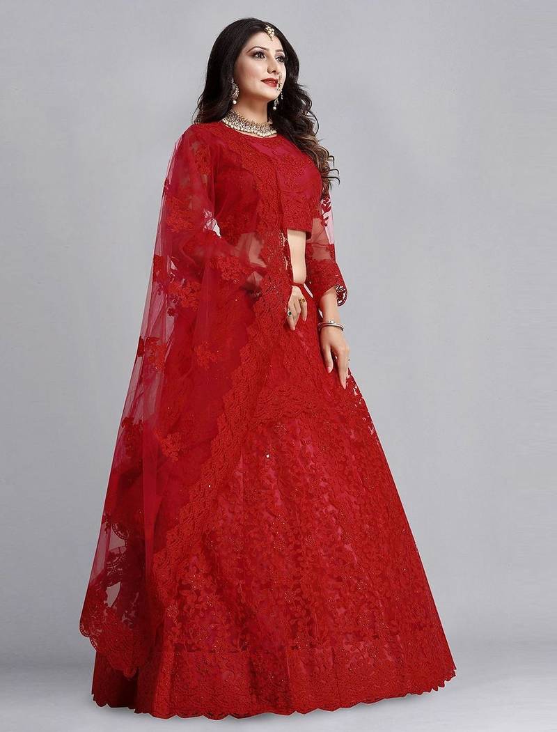 Embroidered Thread Work Semi-Stitched Lehenga & Unstitched Blouse With Dupatta