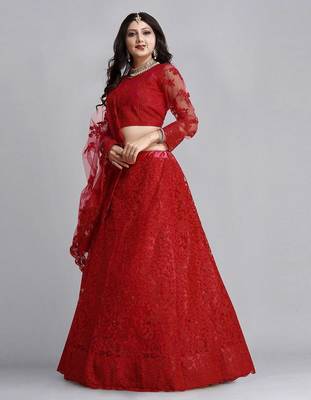 Embroidered Thread Work Semi-Stitched Lehenga & Unstitched Blouse With Dupatta 4