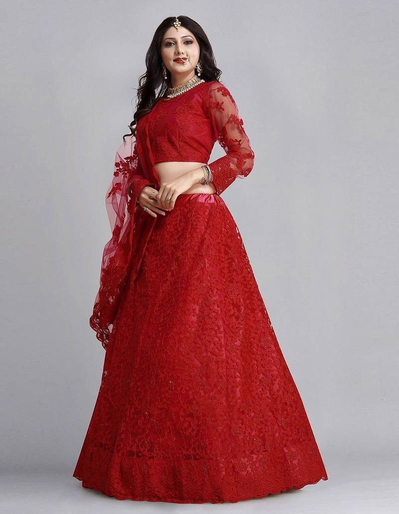 Embroidered Thread Work Semi-Stitched Lehenga & Unstitched Blouse With Dupatta