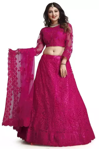 Embroidered Thread Work Semi-Stitched Lehenga & Unstitched Blouse With Dupatta