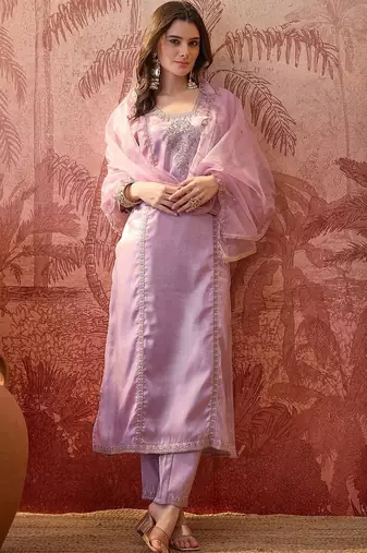 Embroidered square neck straight kurta & trousers with dupatta