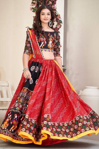 Embroidered Mirror Work Semi-Stitched Lehenga & Unstitched Blouse With Dupatta