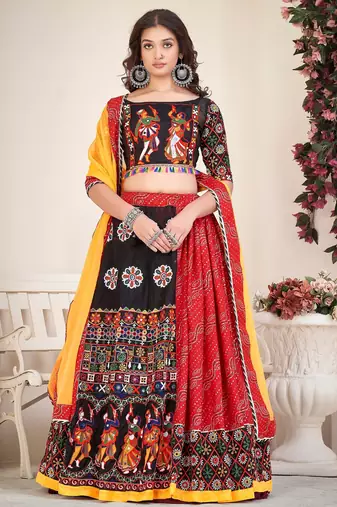 Embroidered Mirror Work Semi-Stitched Lehenga & Unstitched Blouse With Dupatta