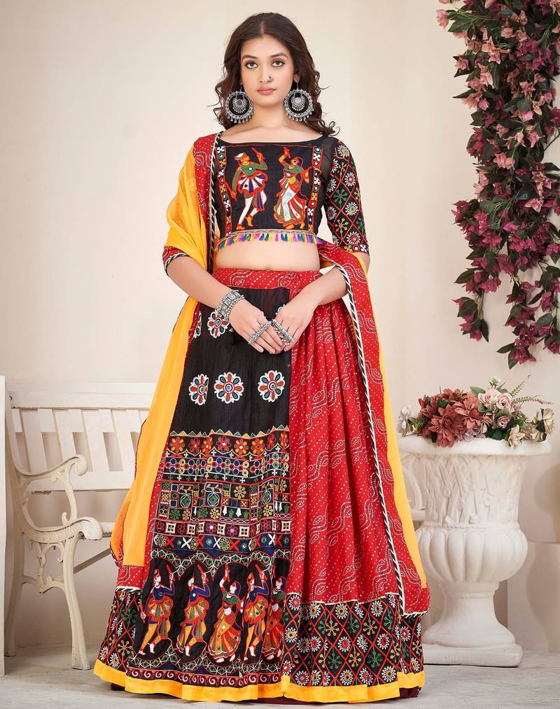 Embroidered Mirror Work Semi-Stitched Lehenga & Unstitched Blouse With Dupatta