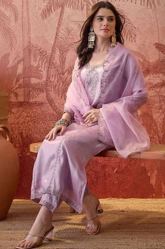 Embroidered  square neck kurta & trousers kurta sets