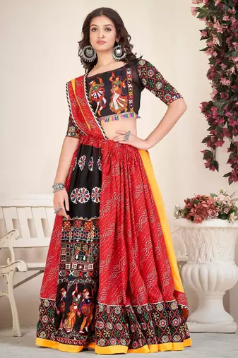 Embroidered Mirror Work Semi-Stitched Lehenga & Unstitched Blouse With Dupatta