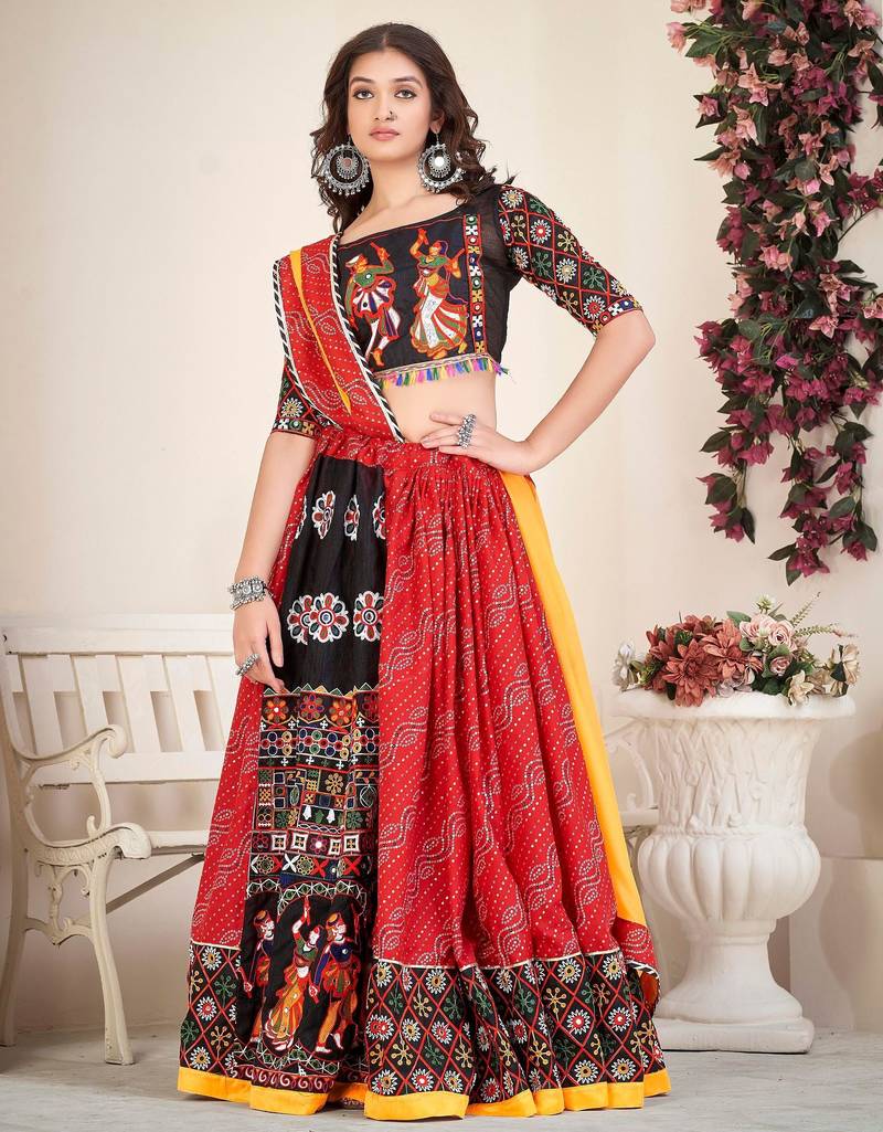 Embroidered Mirror Work Semi-Stitched Lehenga & Unstitched Blouse With Dupatta