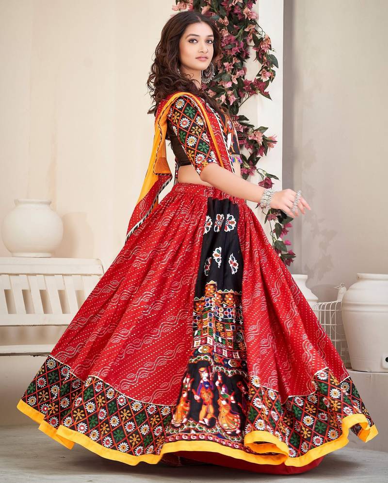Embroidered Mirror Work Semi-Stitched Lehenga & Unstitched Blouse With Dupatta