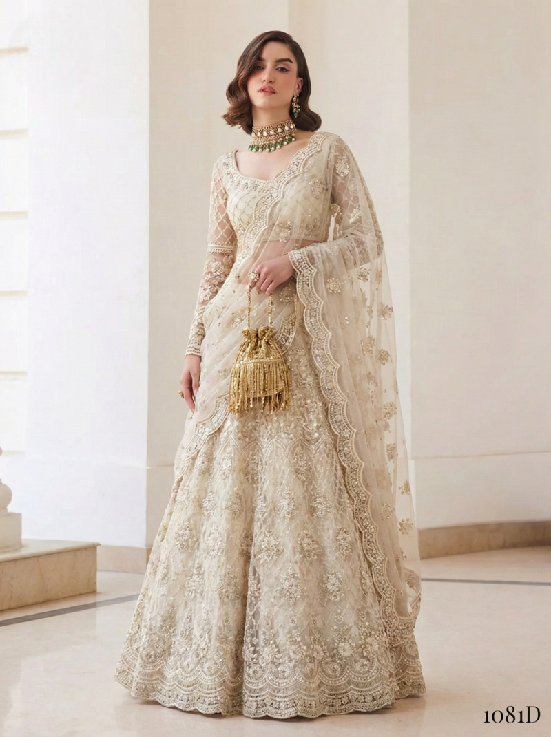 Beige Pure Soft Heavy BUTTERFLY Net Sequins Embroidery Work Bridal Lehenga Choli