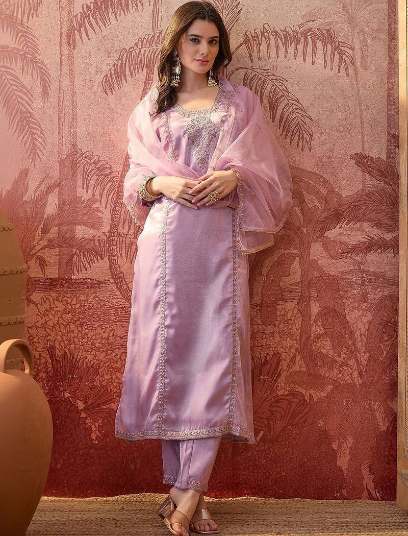 Embroidered  square neck kurta & trousers kurta sets