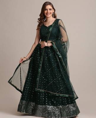 Embroidered Sequinned Semi-Stitched Lehenga & Unstitched Blouse With Dupatta 1
