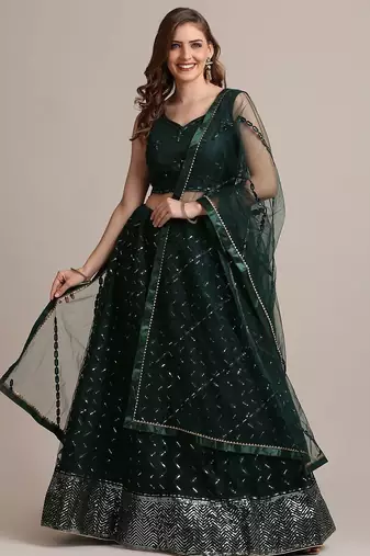 Embroidered Sequinned Semi-Stitched Lehenga & Unstitched Blouse With Dupatta
