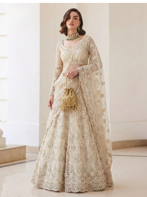 Beige Pure Soft Heavy BUTTERFLY Net Sequins Embroidery Work Bridal Lehenga Choli 2