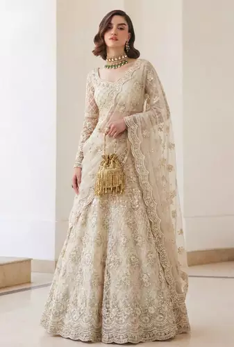 Beige Pure Soft Heavy BUTTERFLY Net Sequins Embroidery Work Bridal Lehenga Choli