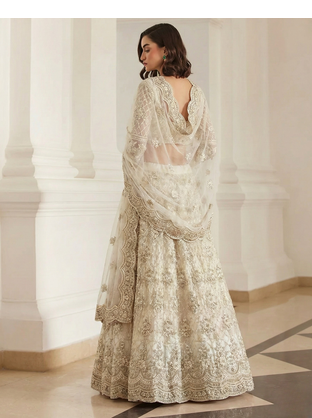Beige Pure Soft Heavy BUTTERFLY Net Sequins Embroidery Work Bridal Lehenga Choli 3