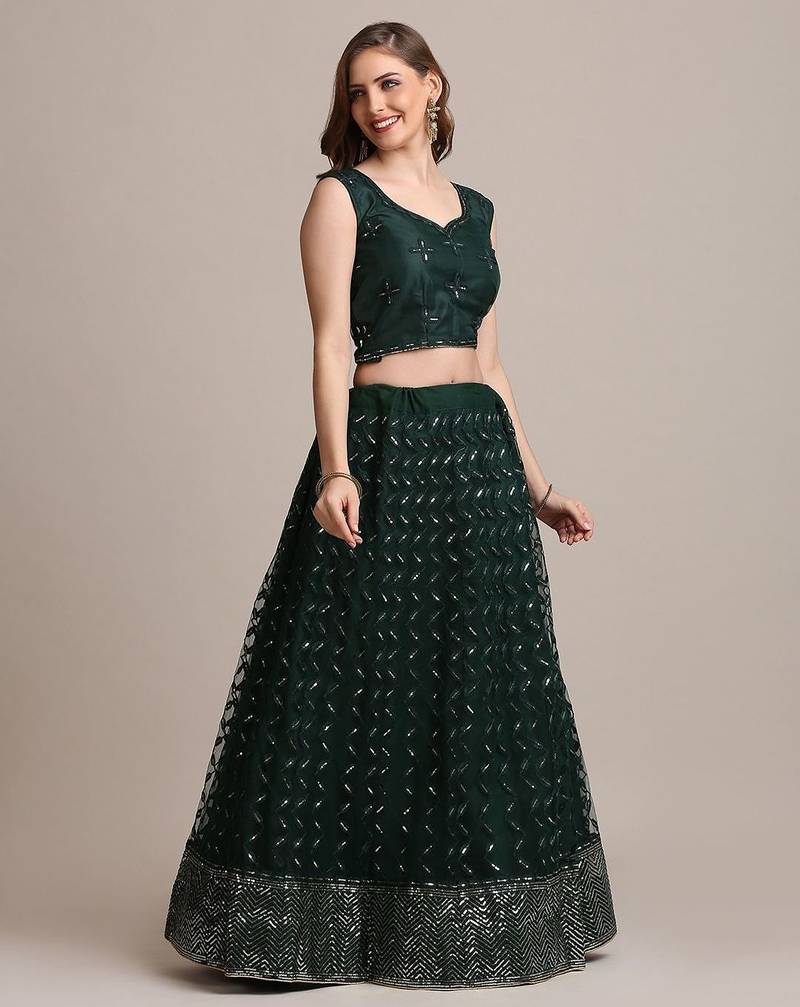 Embroidered Sequinned Semi-Stitched Lehenga & Unstitched Blouse With Dupatta