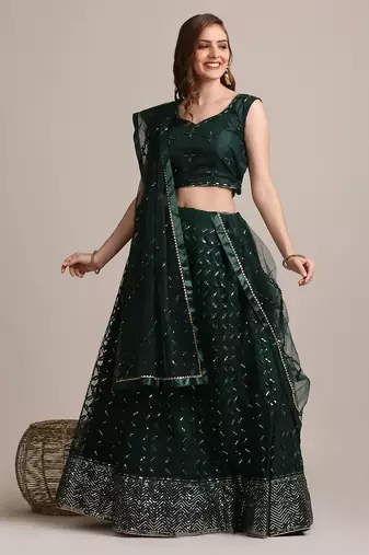 Embroidered Sequinned Semi-Stitched Lehenga & Unstitched Blouse With Dupatta