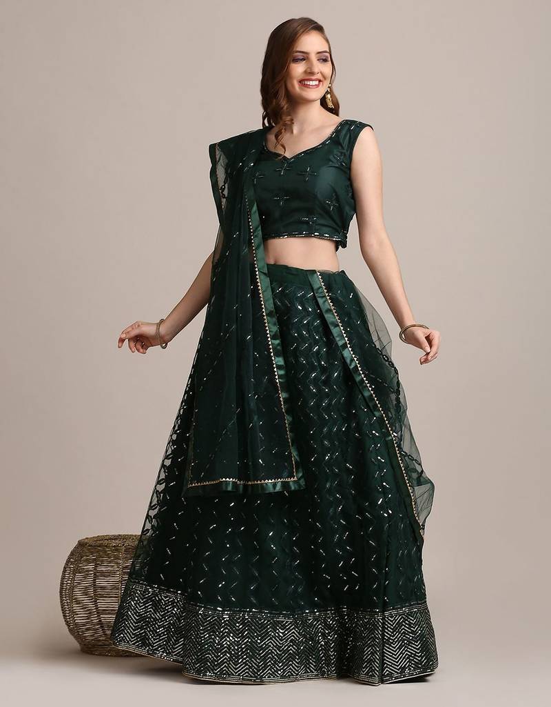 Embroidered Sequinned Semi-Stitched Lehenga & Unstitched Blouse With Dupatta