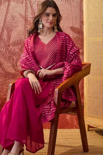 Women lace embroidered v-neck kurta & trousers with dupatta
