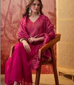 Women lace embroidered v-neck kurta & trousers with dupatta