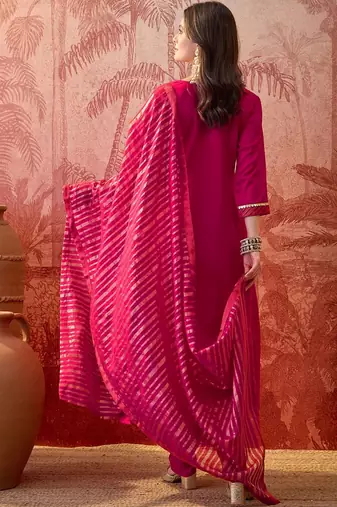 Women lace embroidered v-neck kurta & trousers with dupatta