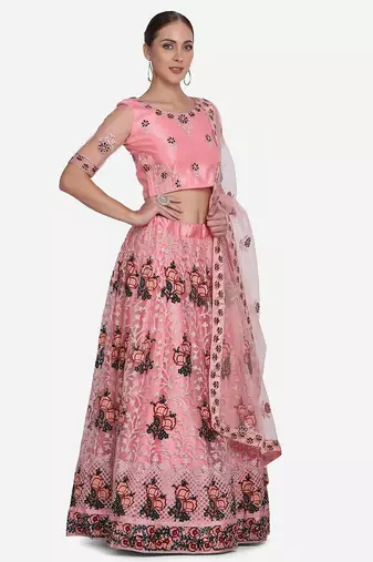 Embroidered Thread Work Semi-Stitched Lehenga & Unstitched Blouse With Dupatta