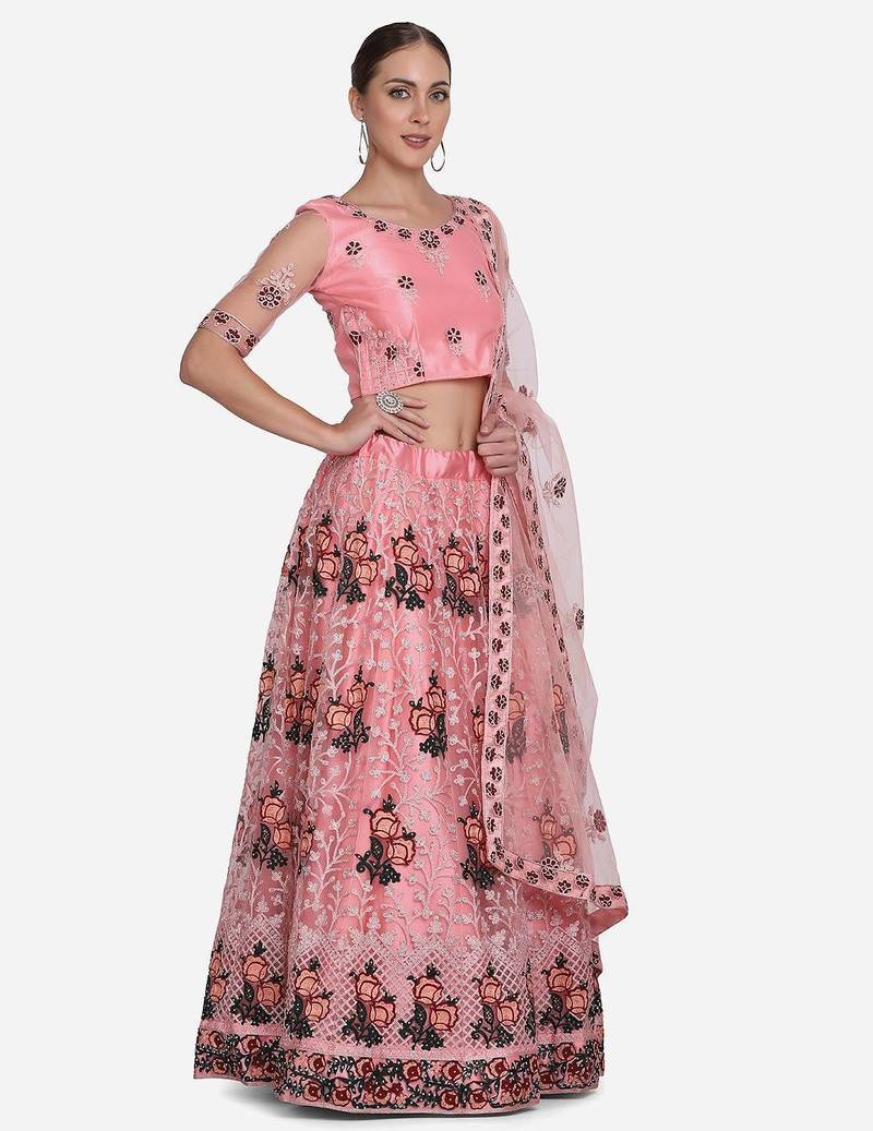 Embroidered Thread Work Semi-Stitched Lehenga & Unstitched Blouse With Dupatta