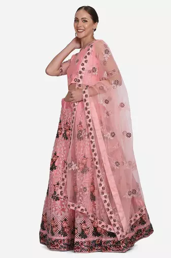 Embroidered Thread Work Semi-Stitched Lehenga & Unstitched Blouse With Dupatta