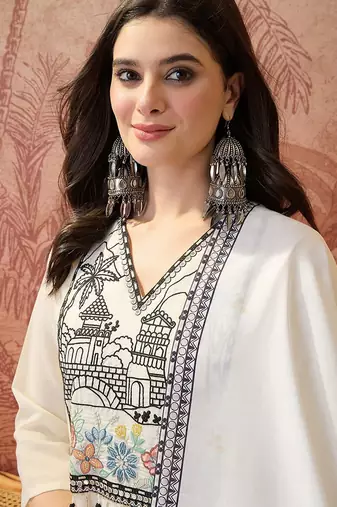 Embroidered v-neck kurta trousers & dupatta