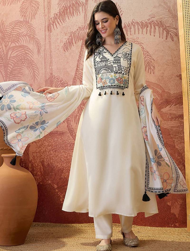 Embroidered v-neck kurta trousers & dupatta