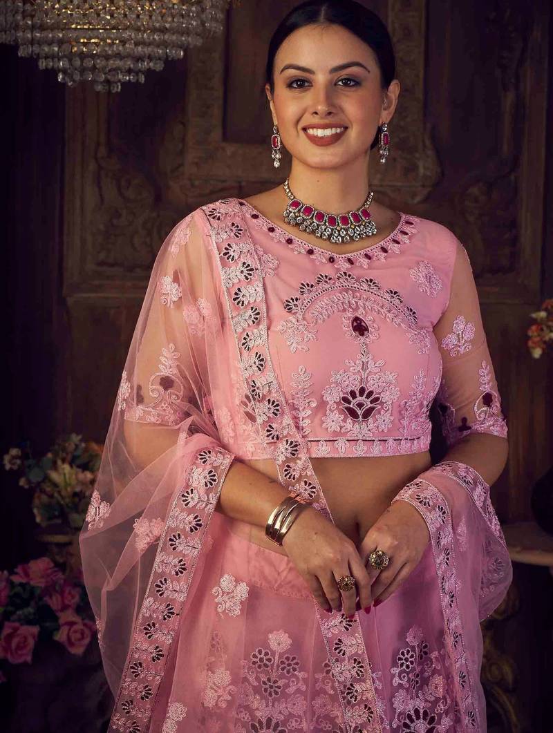 Embroidered Thread Work Semi-Stitched Lehenga & Unstitched Blouse With Dupatta