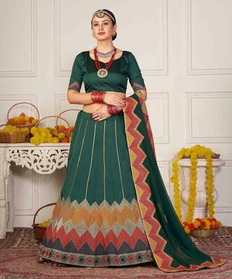 Embroidered Thread Work Semi-Stitched Lehenga & Unstitched Blouse With Dupatta 1