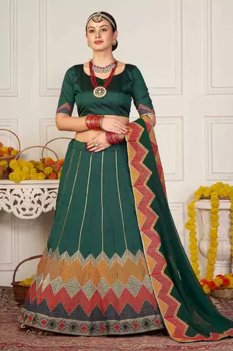 Embroidered Thread Work Semi-Stitched Lehenga & Unstitched Blouse With Dupatta