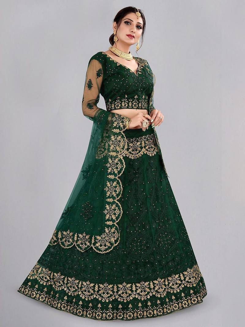Embroidered Thread Work Semi-Stitched Lehenga & Unstitched Blouse With Dupatta