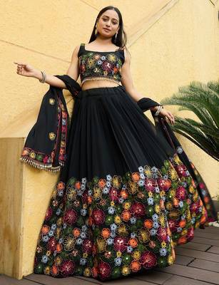 Embroidered Thread Work Semi-Stitched Lehenga & Unstitched Blouse With Dupatta 1